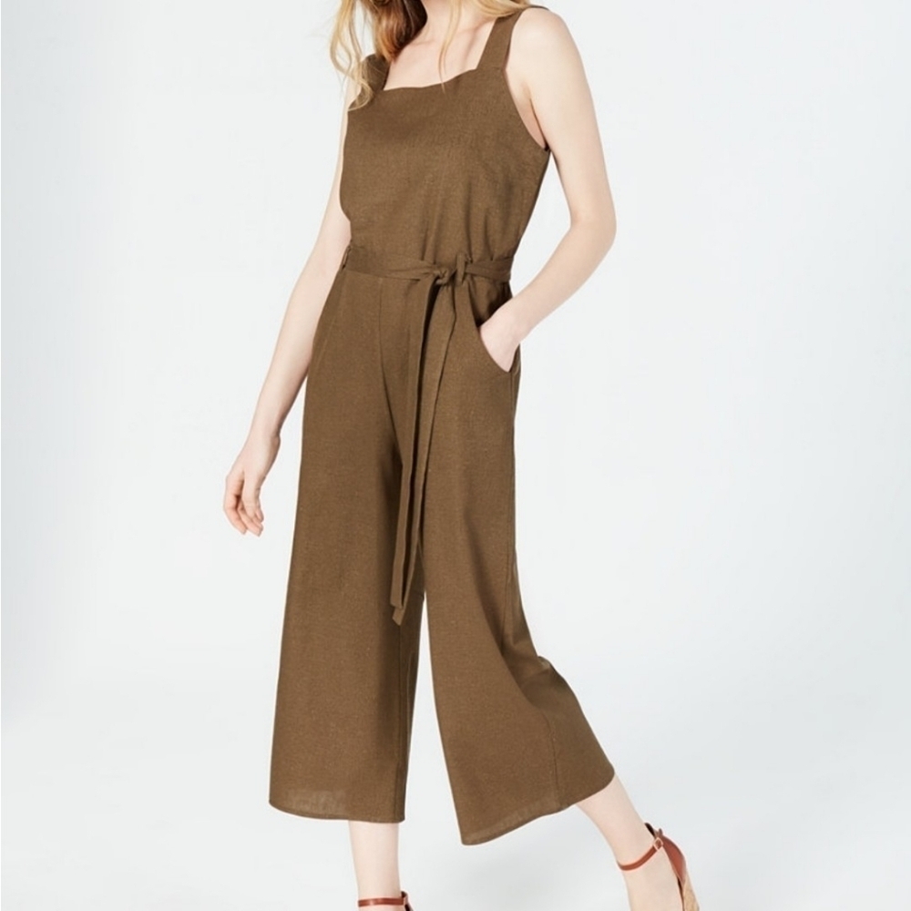 Monteau Black Linen Rayon Blend Tie-Waist V-Cutout Back Cropped Jumpsuit Size L - Picture 10 of 11